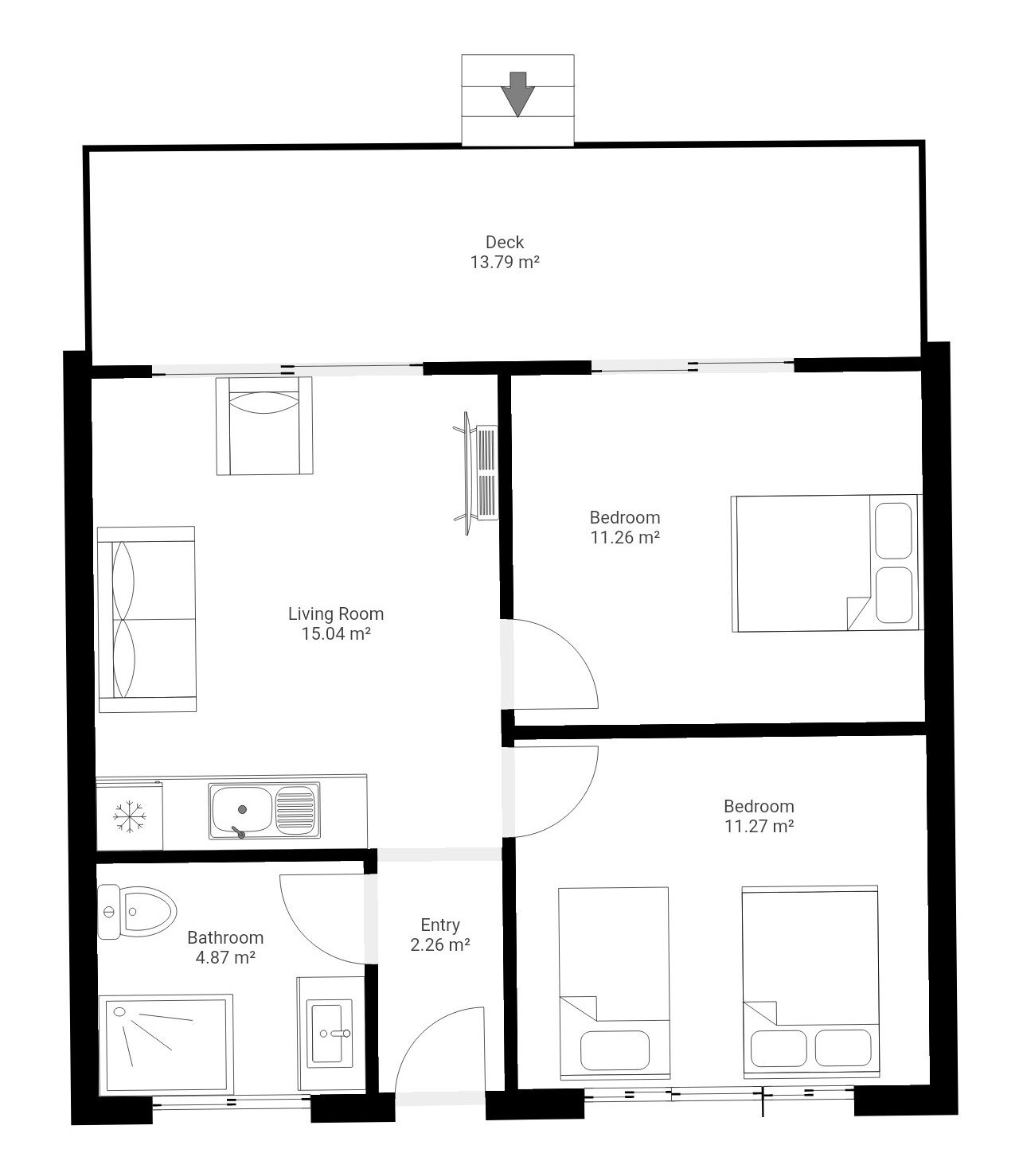 A floor plan of a house with a deck (13.79 m²), two bedrooms (11.26 m² and 11.27 m²), a living room (15.04 m²), a bathroom (4.87 m²), and an entry (2.26 m²).
