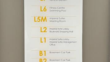 A hotel directory sign listing room numbers and their corresponding features, such as apartment suites, fitness center, and car park.