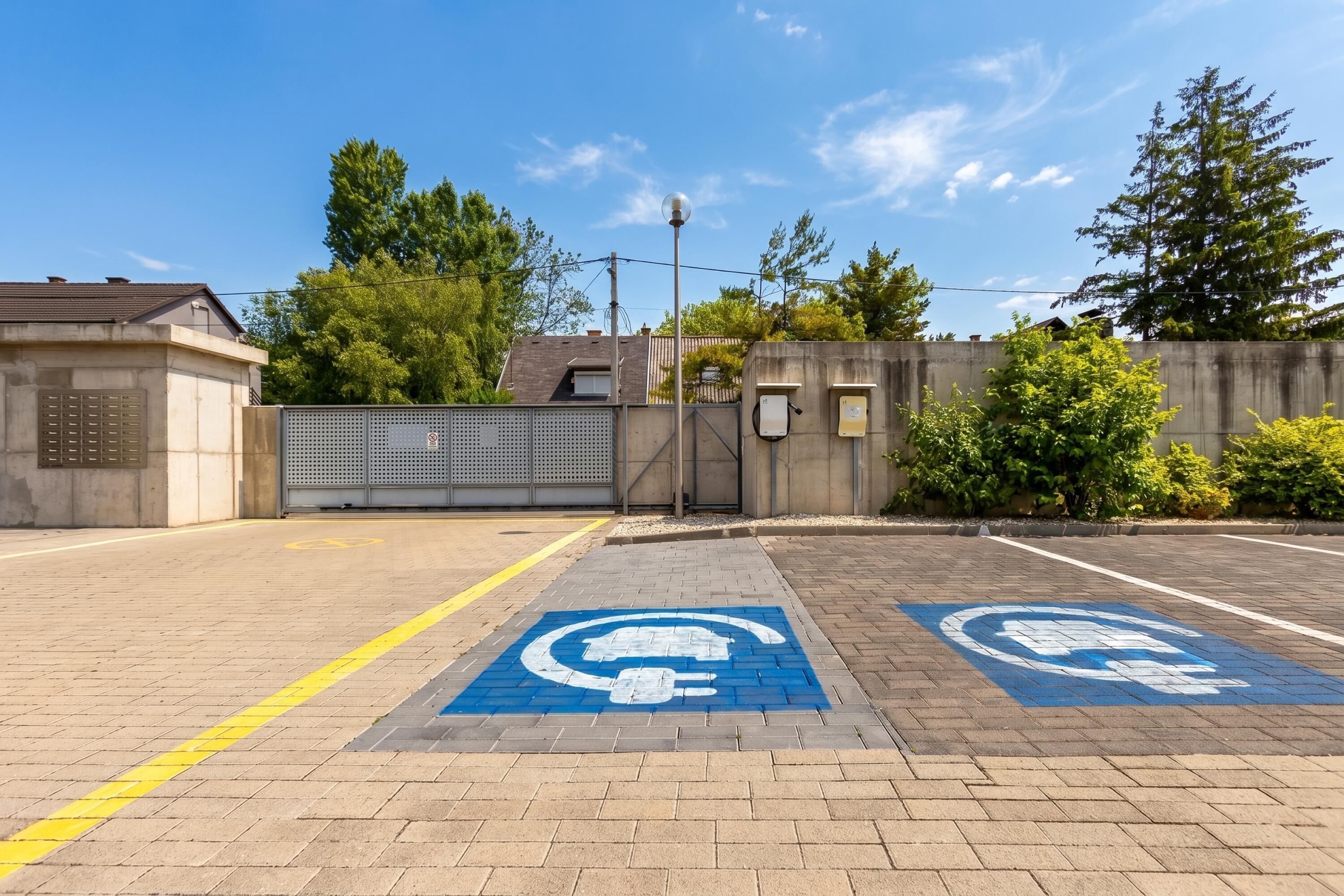 A parking area with blue accessibility symbols, a yellow line, and a concrete wall with a gate.