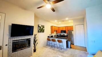 TV, fireplace, DVD player, stereo