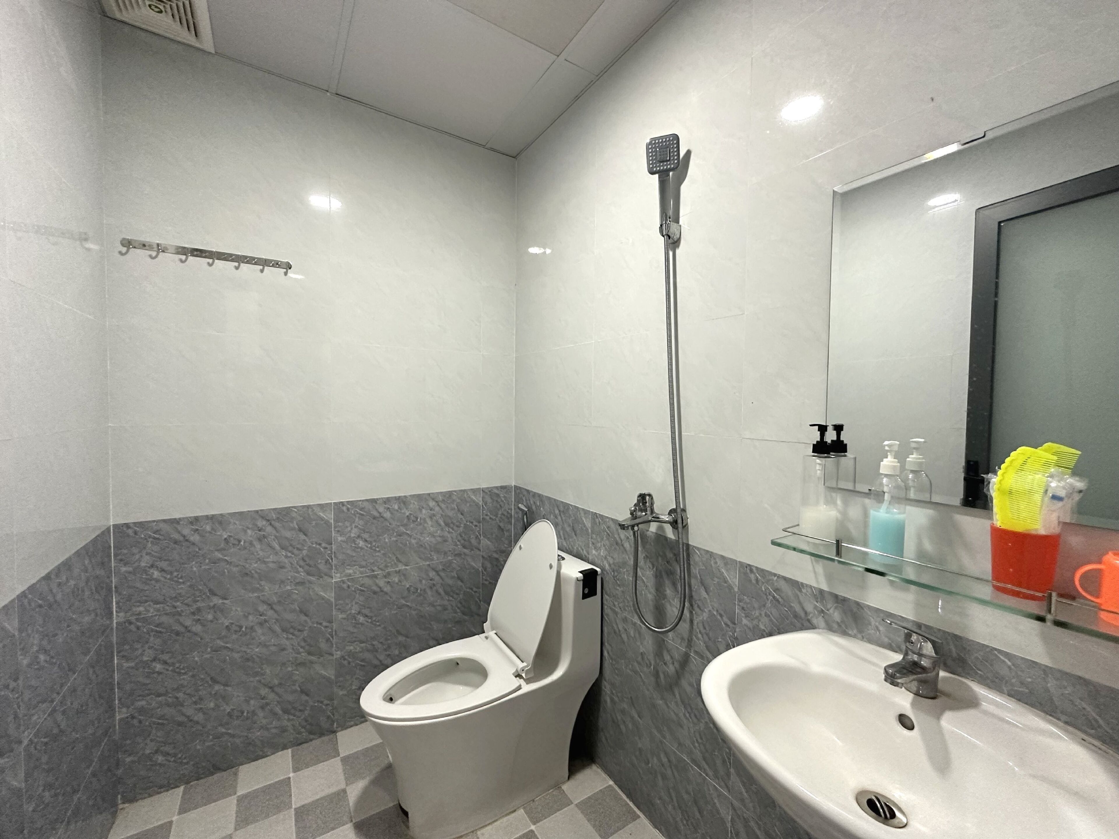 Buồng tắm vòi sen, khăn tắm, giấy vệ sinh 