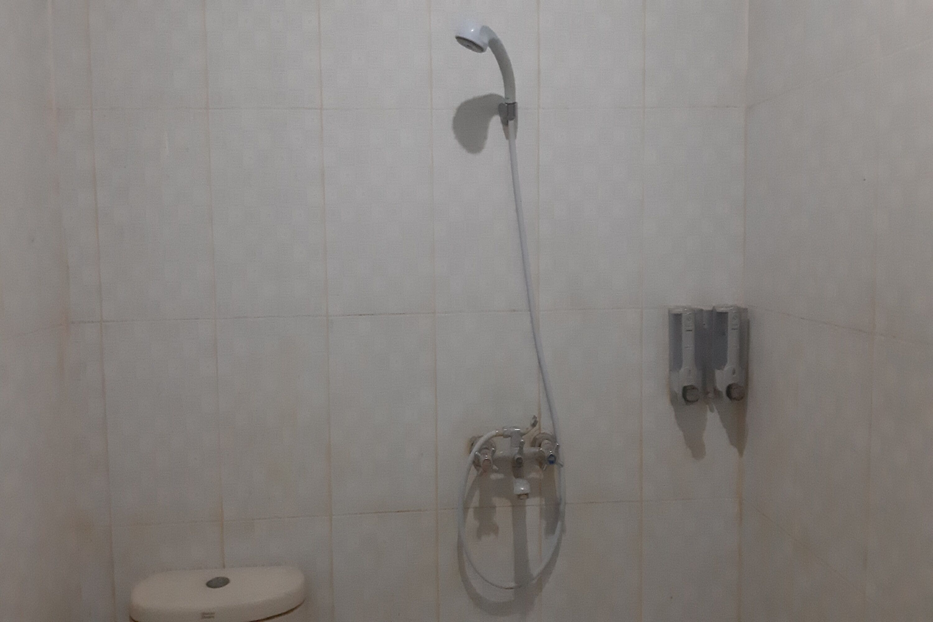 Een badkamer met een douche, toilet en een muurkraan.