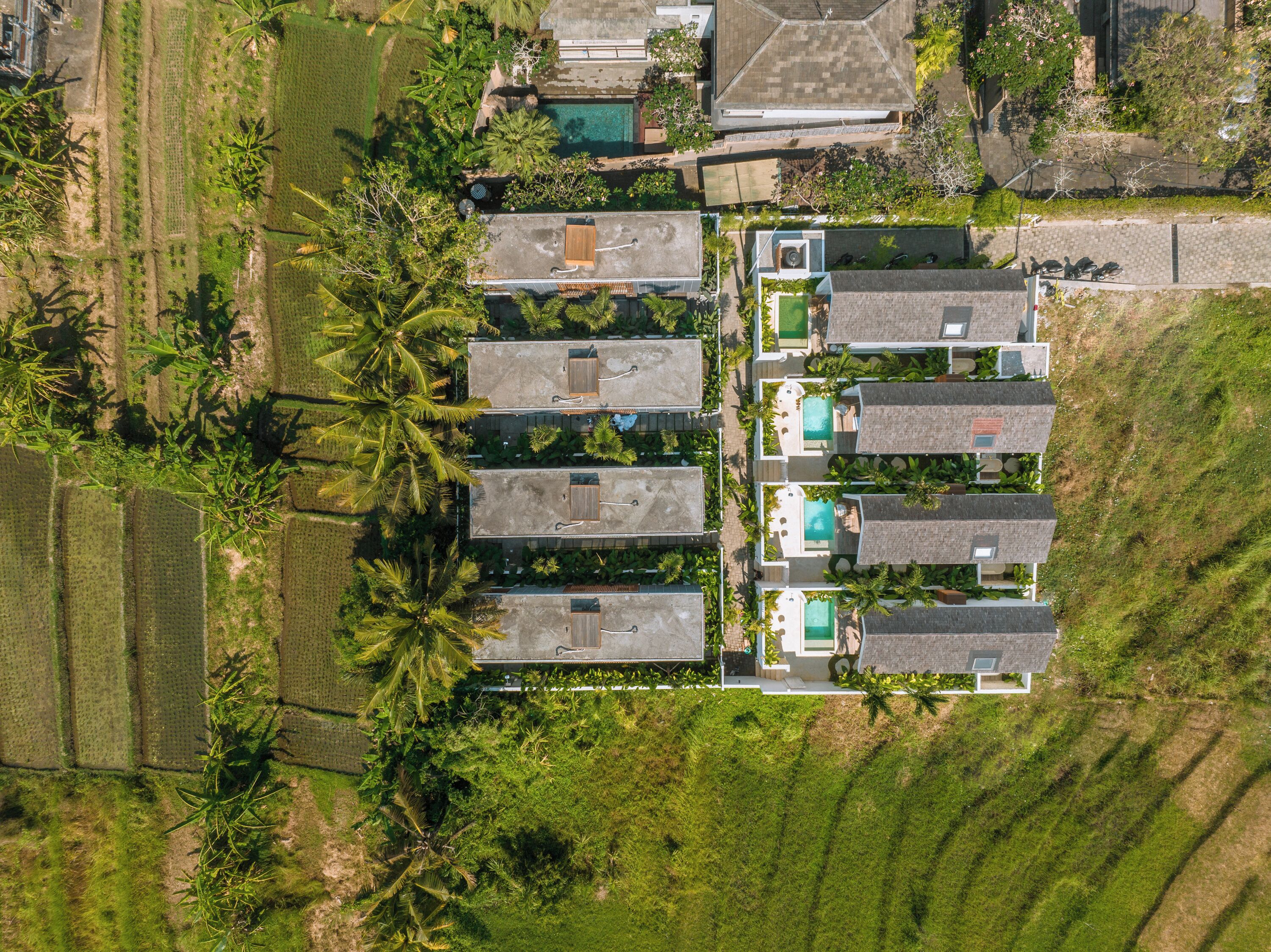 An aerial view of a resort with multiple bungalow-style accommodations, each with a private pool and surrounded by lush greenery.