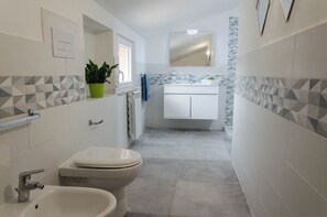 Hair dryer, bidet, towels, soap