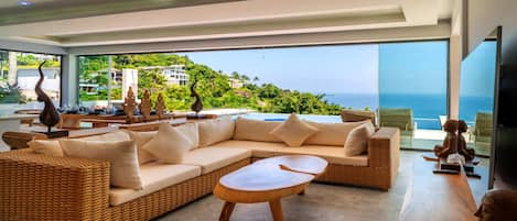 Luxury Villa | Living area | Fireplace, books, music library, stereo