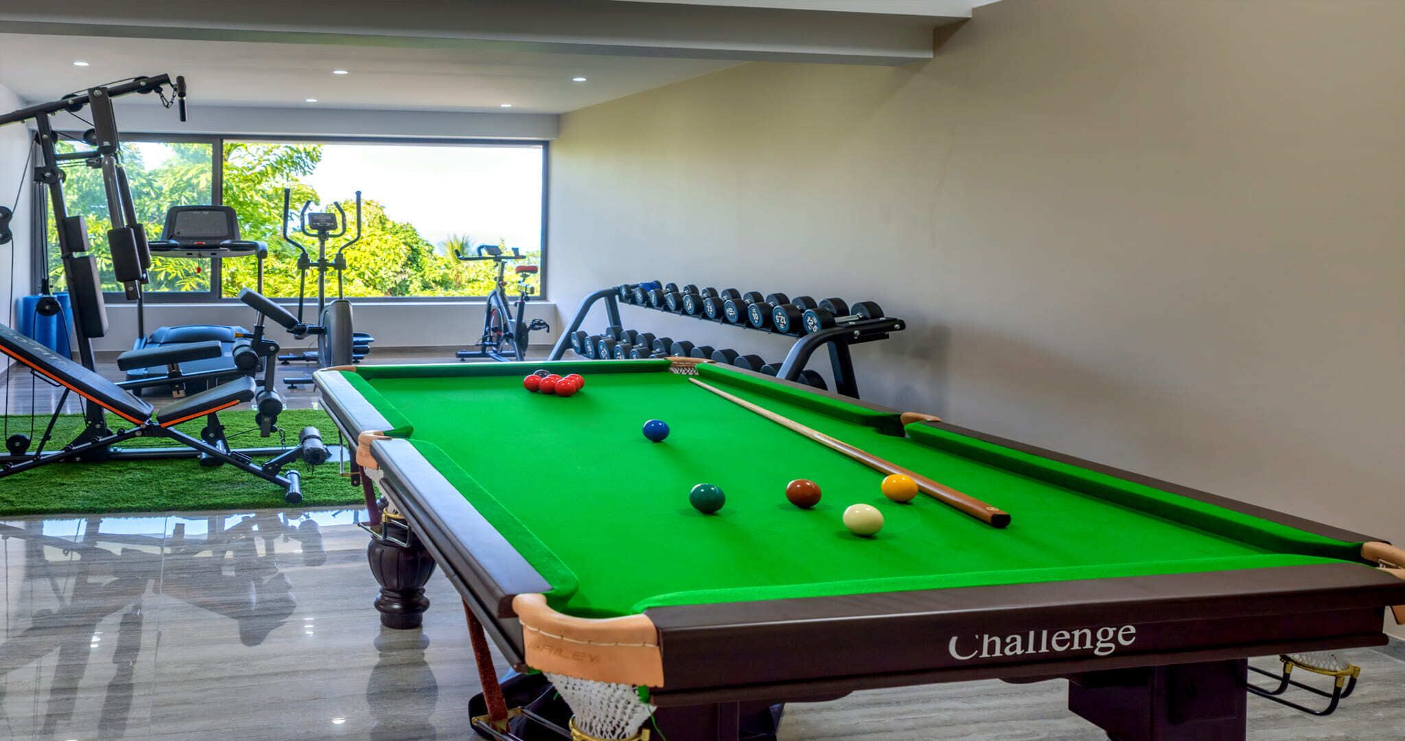 A billiards table with balls and cues, surrounded by exercise equipment and a window with a view of greenery.