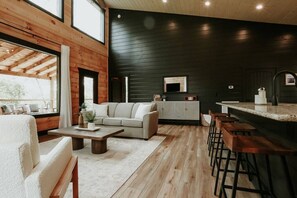 Smart TV, fireplace, books, music library