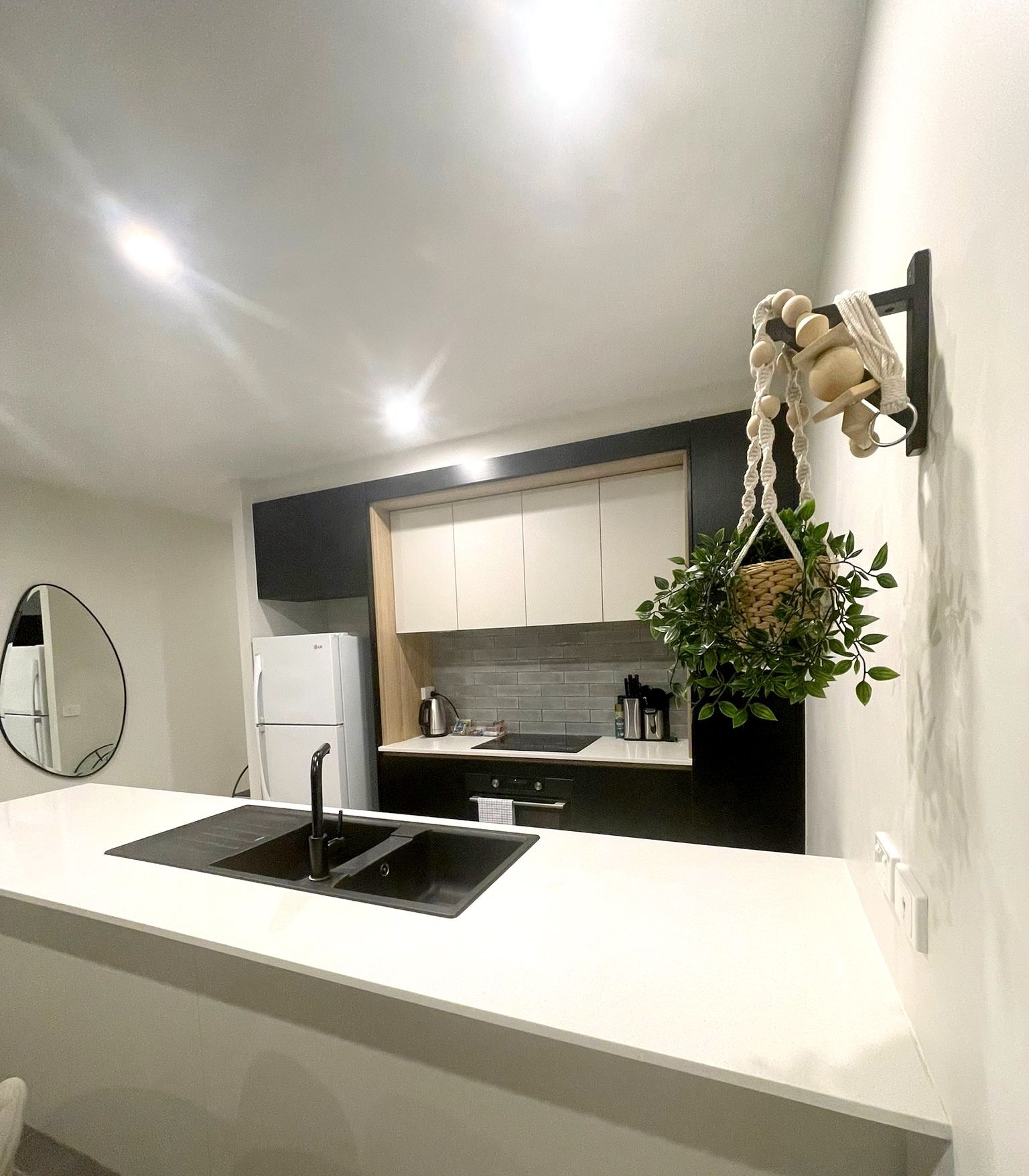 A modern kitchen with a central island, white cabinets, a black backsplash, and a hanging plant.