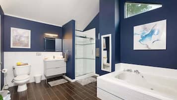 Shower, hair dryer, towels, shampoo