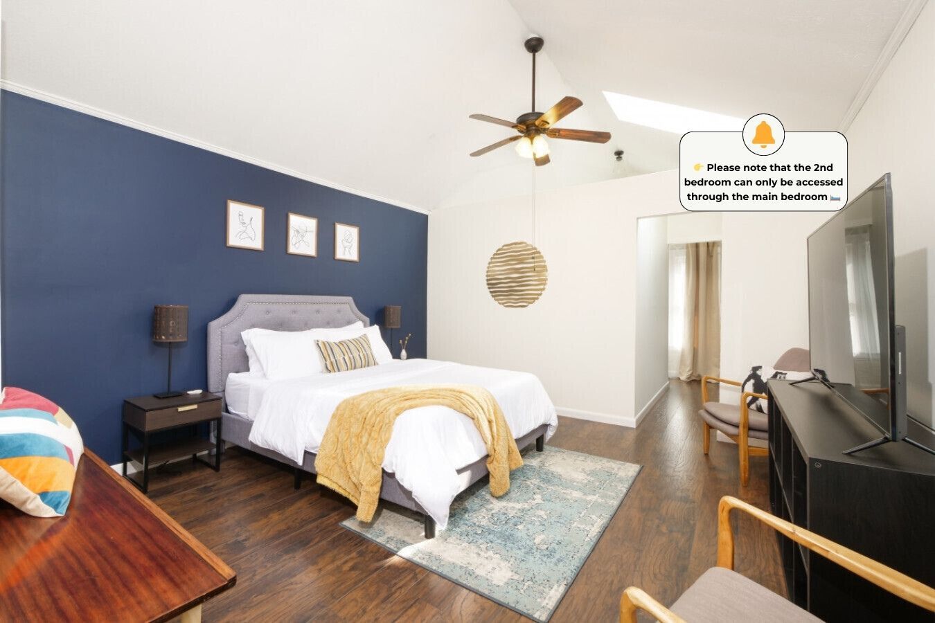 2 bedrooms, desk, iron/ironing board, travel crib