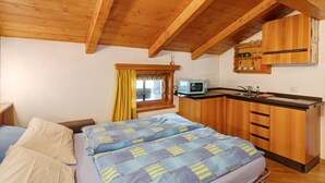 A compact room with a bed, a kitchenette, and a window with curtains. - Studio 'Campacc Lia' with Mountain View, Shared Garden and Wi-Fi (Livigno)