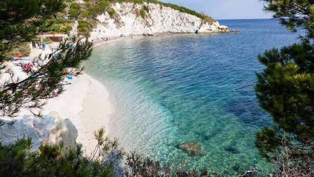 A coastal beach with clear water, white sandy shore, and a rocky cliff. - Apartment 'Spiagge Bianche' with Sea View, Balcony and Air Conditioning (Portoferraio)
