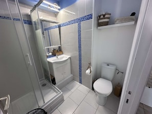A bathroom with a glass-enclosed shower, a white sink with a mirror above it, and a toilet.