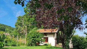 Ein Haus mit roter Tür, umgeben von einem gepflegten Garten mit einem Kiesweg zum Eingang.