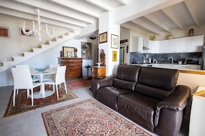 Smart TV, fireplace, DVD player, books
