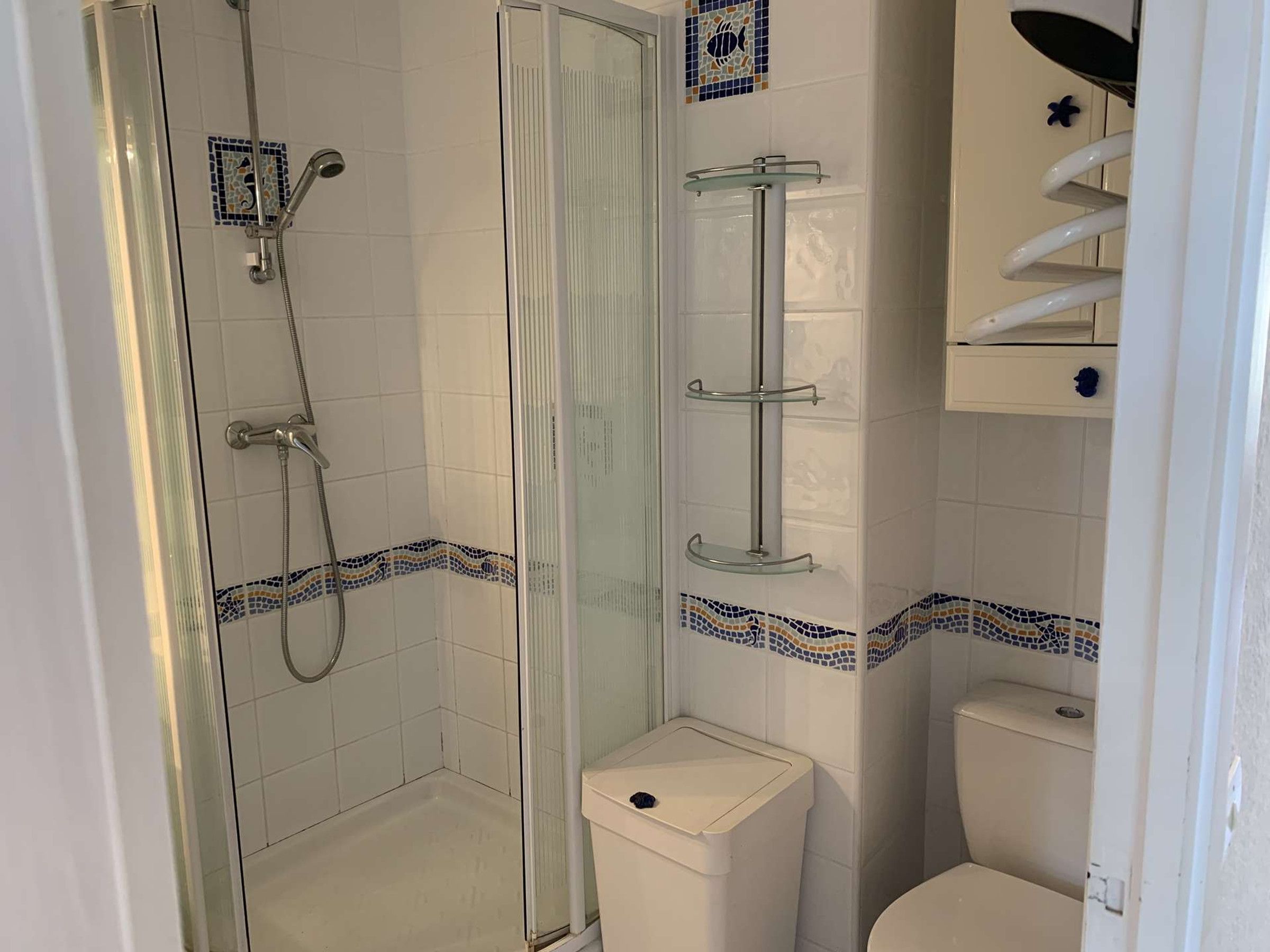 Een badkamer met een douchecabine, toilet en een plankunit.