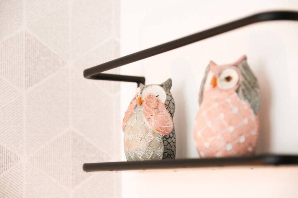 Two decorative owls on a shelf against a patterned wall.