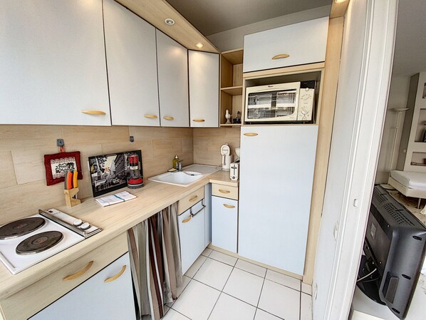 Fridge, microwave, oven, coffee/tea maker