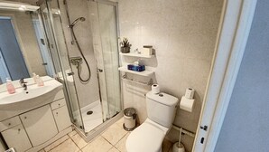 Une salle de bain avec une douche à parois de verre, des toilettes, un lavabo et une étagère contenant des articles de toilette.