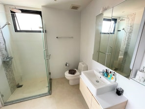 A modern bathroom with a glass-enclosed shower, a toilet, and a sink with toiletries.