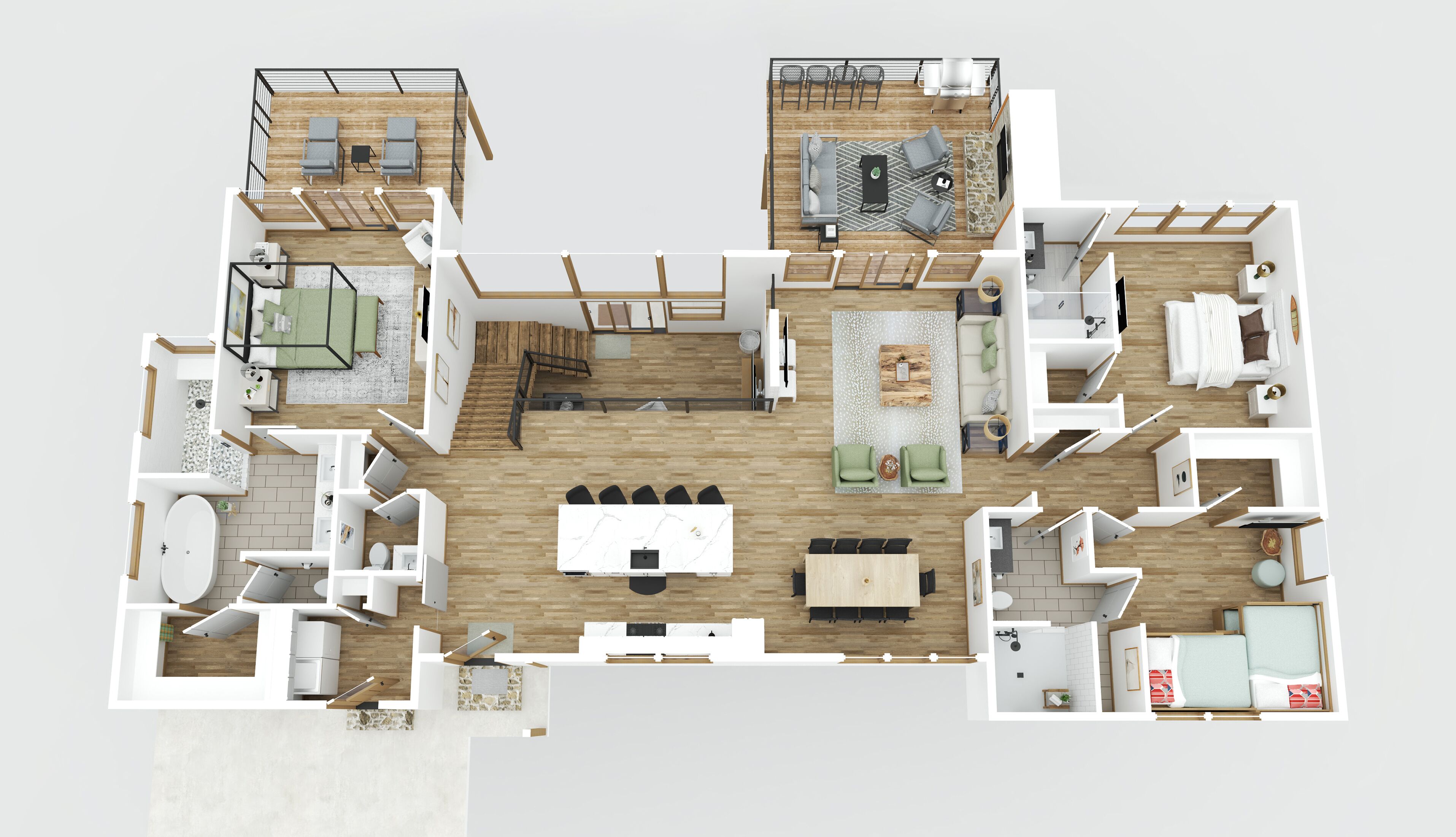 Grundriss einer 2-stöckigen Wohnung mit Wohnzimmer, Essbereich, Küche, zwei Schlafzimmern, einem Badezimmer und einem Balkon.