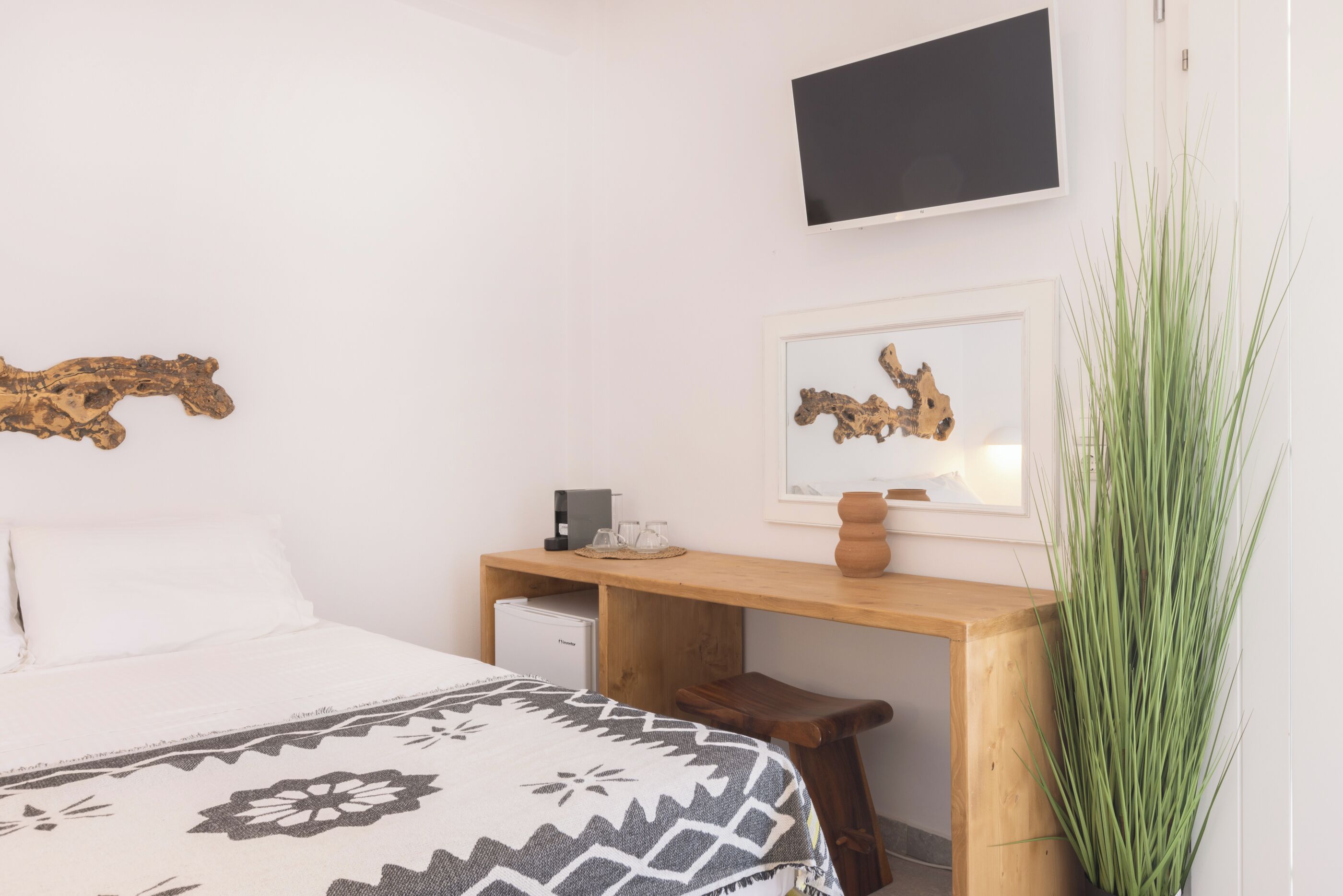 A bedroom with a bed, a wooden desk, a television, and a large plant.