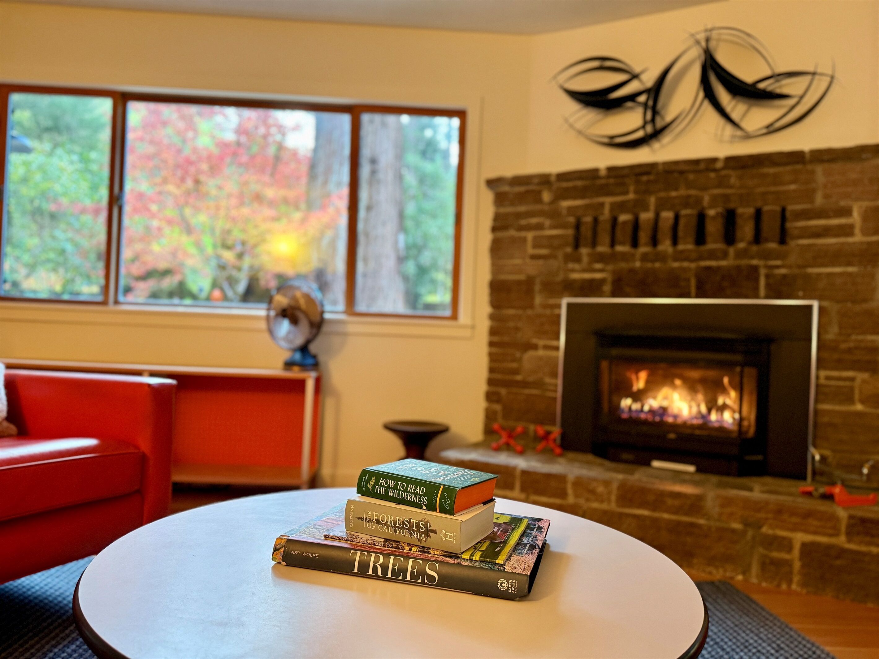 Un salon avec une cheminée, un canapé rouge et une table avec des livres.