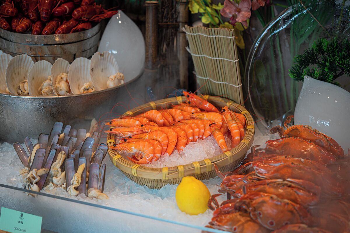 Exhibición de mariscos con diversos tipos de mariscos y crustáceos sobre hielo.