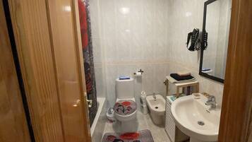 Hair dryer, towels, soap, toilet paper