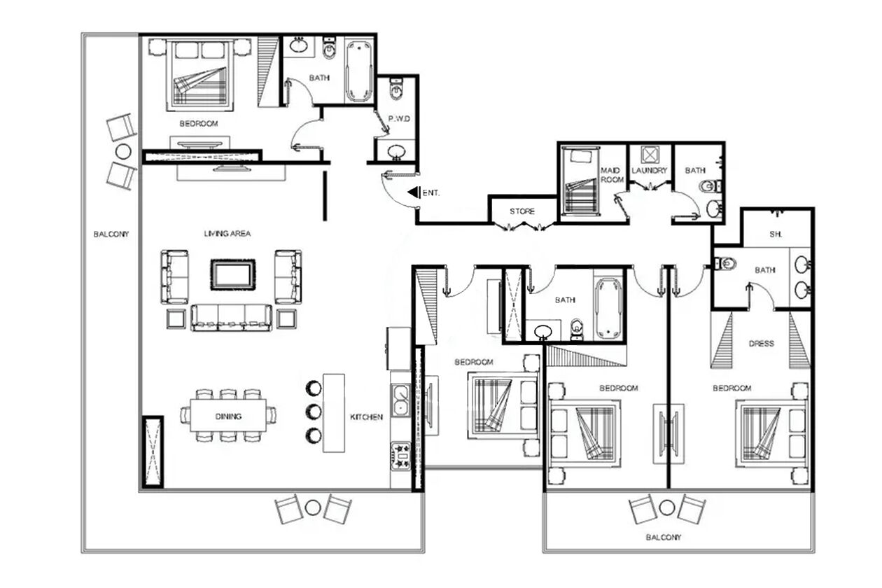 Een plattegrond van een hotel met twee slaapkamers, een woonruimte, een eetgedeelte, een keuken, een badkamer, een winkel en een balkon.