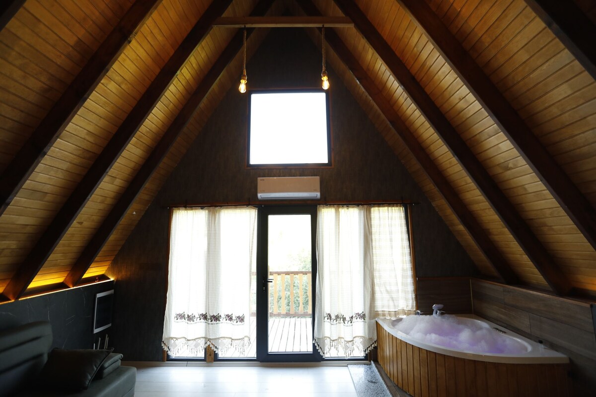 A cozy attic room with a wooden sloped ceiling, a large window with curtains, a built-in bathtub, and a flat-screen TV.