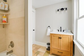 Hair dryer, towels, soap, toilet paper