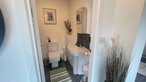 A bathroom with a toilet, sink, and mirror. - Cute+Cozy Guesthouse for 2 +secure offroad parking (Wolverhampton)