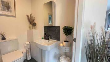Une salle de bain moderne avec un lavabo, un miroir et des toilettes blancs. On y trouve une plante décorative et un petit vase posés sur le comptoir.