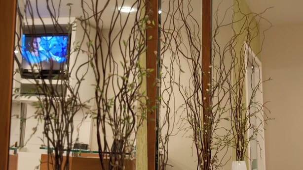 Un área de recepción con un mostrador de madera, jarrones blancos con ramas y un espejo grande que refleja la habitación.