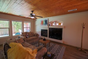 Smart TV, fireplace, books, printers