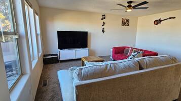 Smart TV, fireplace, books, printers