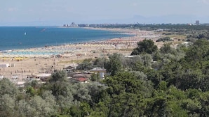Una spiaggia costiera con molti ombrelloni e persone.