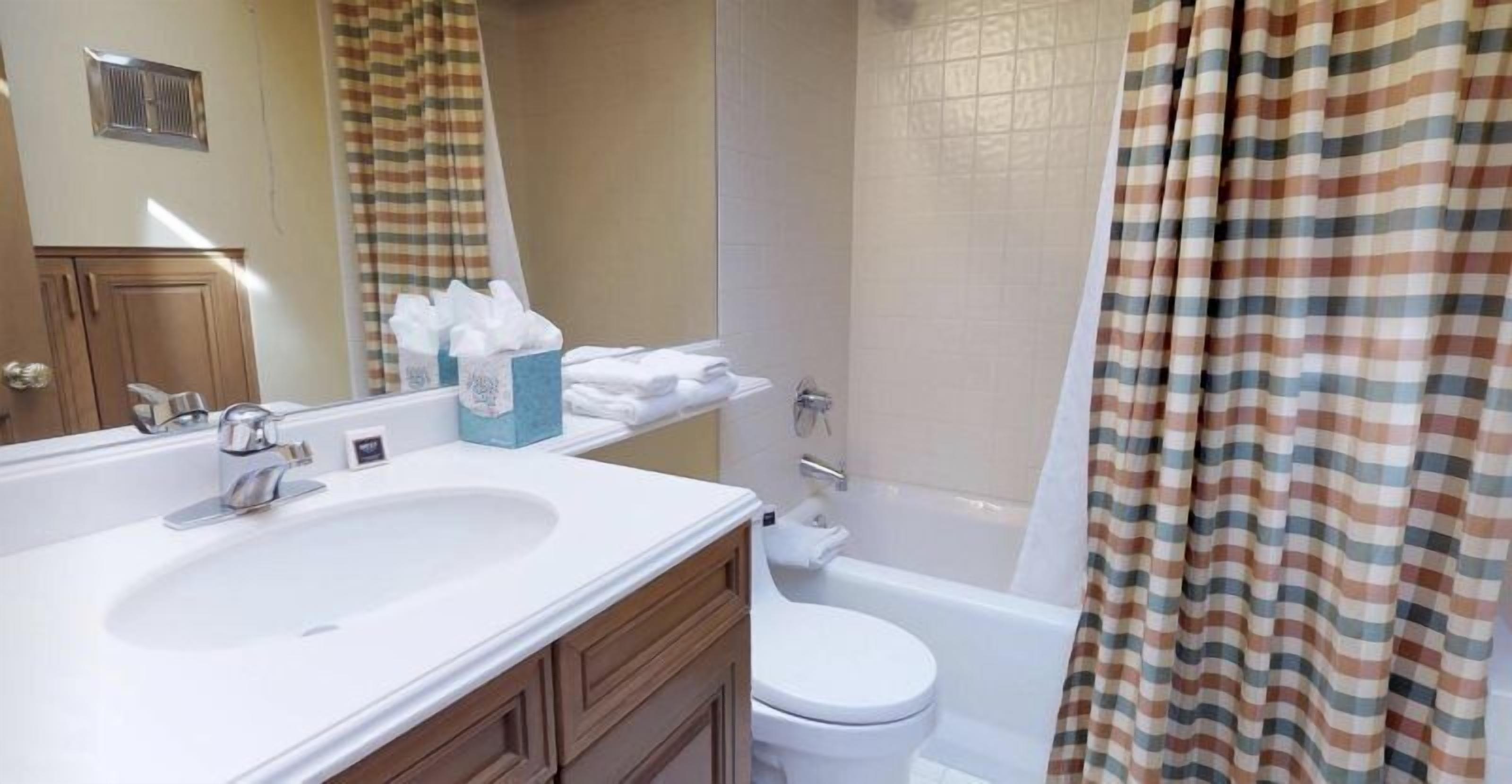A bathroom with a sink, mirror, toilet, and bathtub.