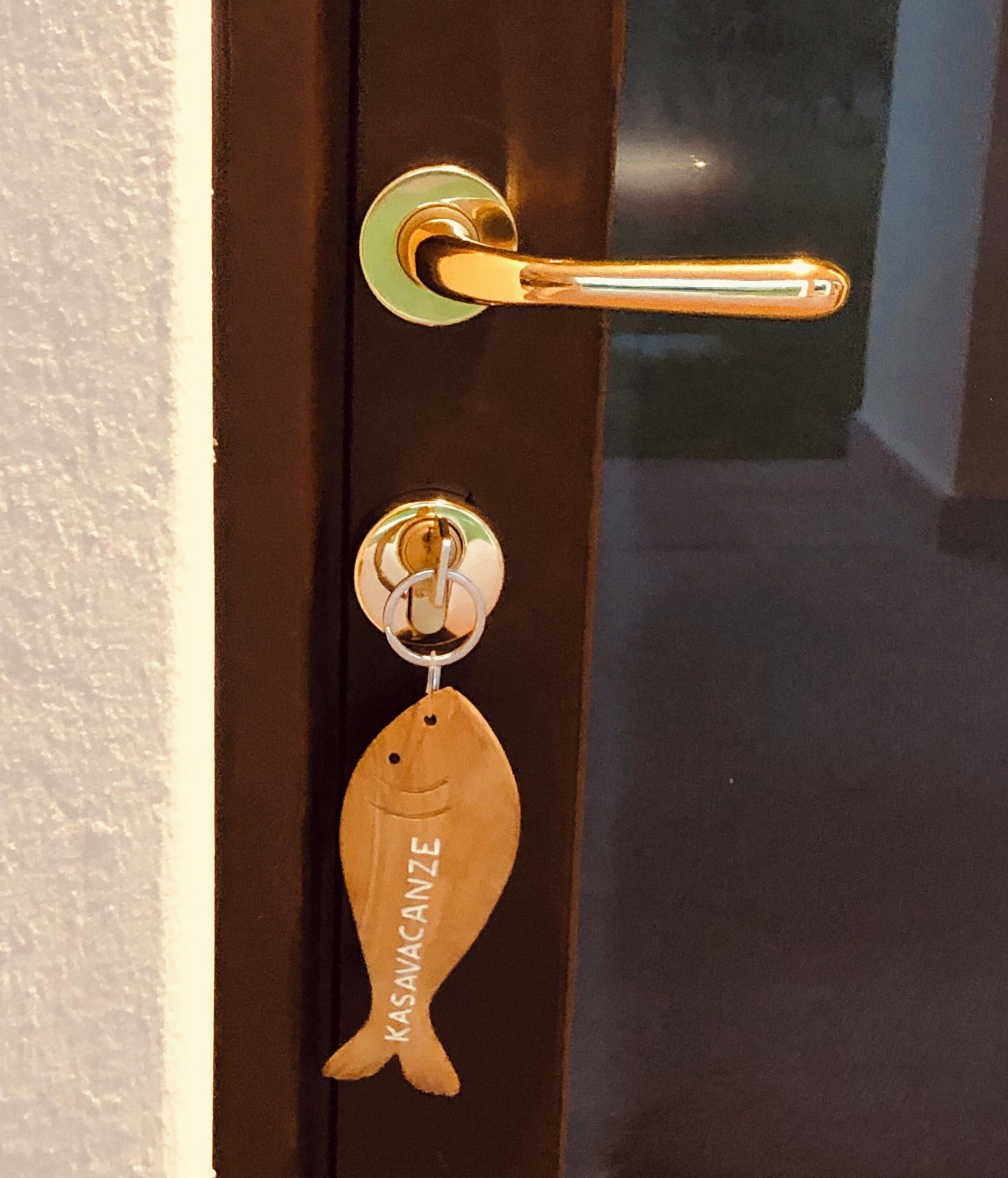 A door with a golden handle and a keychain shaped like a fish with the text "KASAVACANZE".