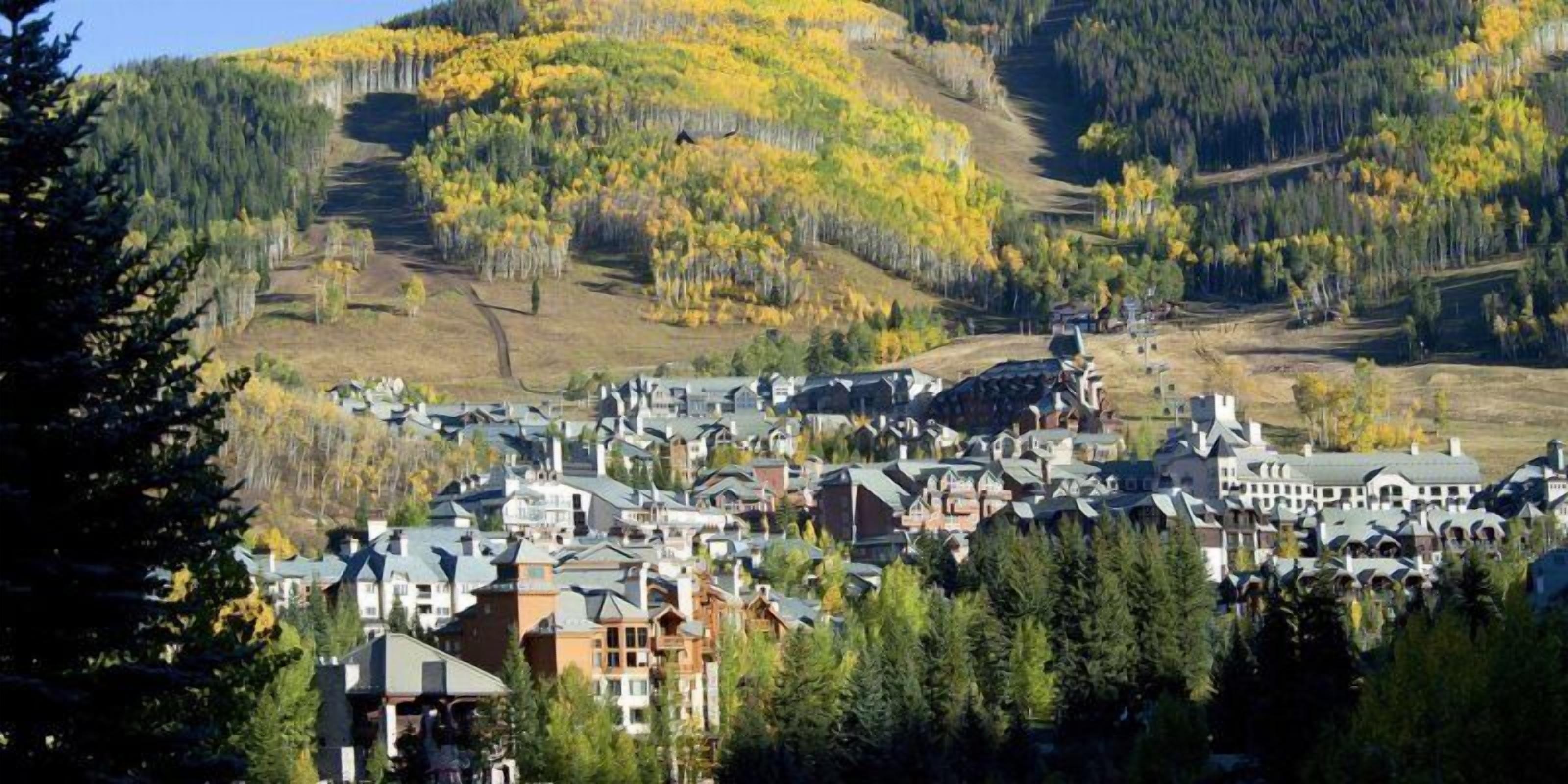A town with a dense cluster of buildings, surrounded by forested hills.
