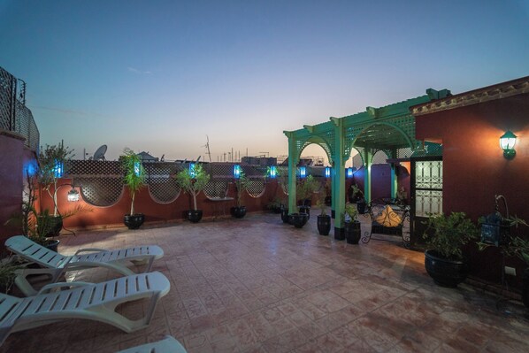Une terrasse sur le toit aménagée avec des chaises longues, des plantes en pot et une pergola verdoyante.