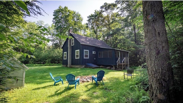 A rustic cabin with a porch, surrounded by lush greenery and trees.