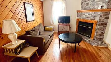 TV, fireplace, DVD player, books