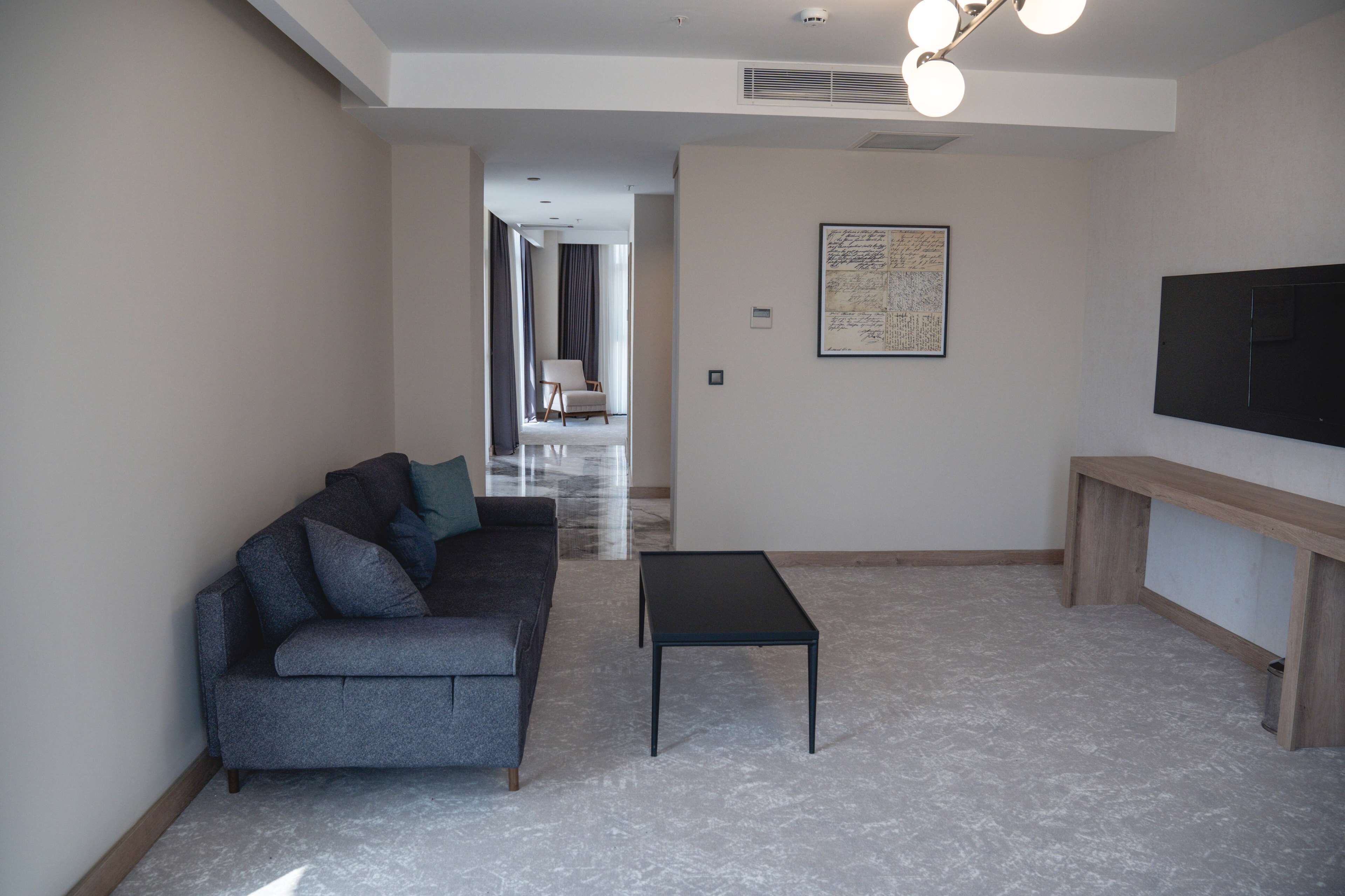 Una sala de estar moderna con un sofá gris, una mesa de centro negra y un televisor sobre un mueble de madera.