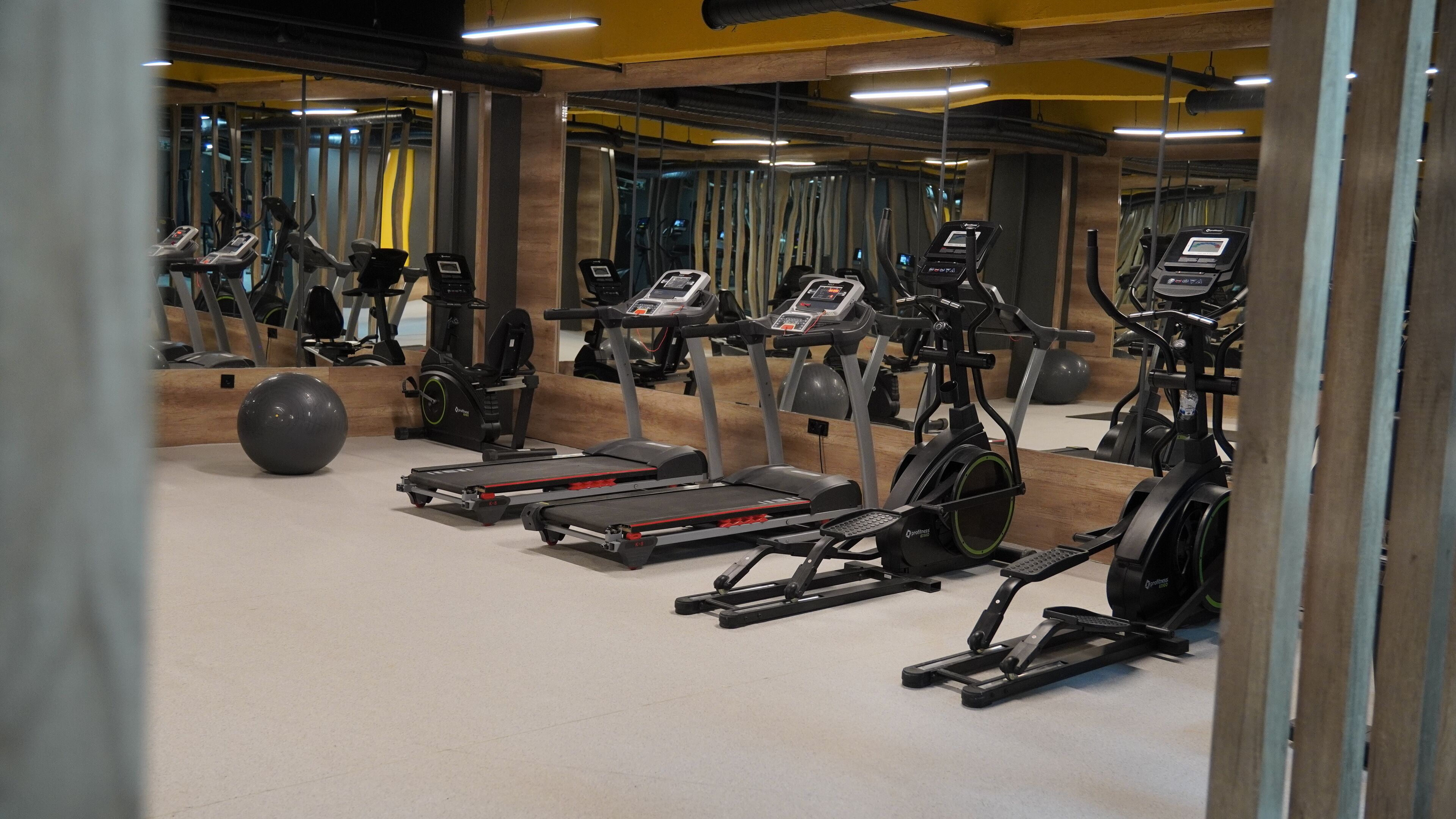 Un gimnasio con cintas de correr, elípticas y una pelota de ejercicio grande.