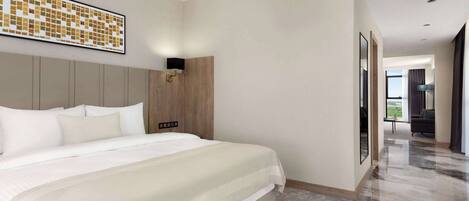 Una camera d'albergo moderna con un letto grande, una testata in legno, un'opera d'arte appesa al muro e vista sull'area esterna tramite una porta di vetro.