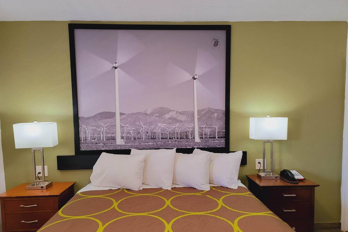 A hotel room with a bed, two bedside tables, a nightstand, a lamp, a framed picture of wind turbines, and a wall-mounted phone.