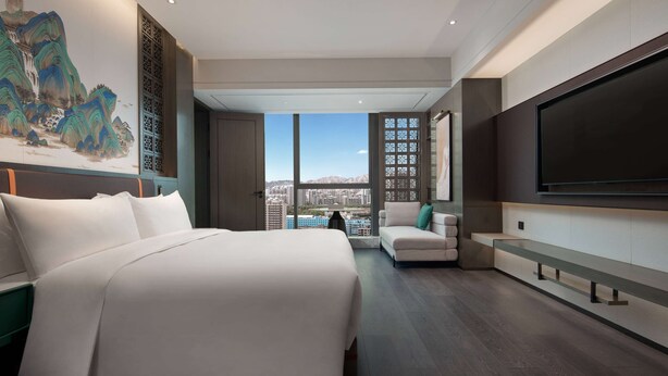 Una habitación de hotel moderna con una cama grande, un sofá, un televisor y vistas a la ciudad.
