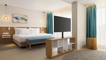 A modern hotel room with a bed, a TV, a wooden console table, and a large window with curtains.